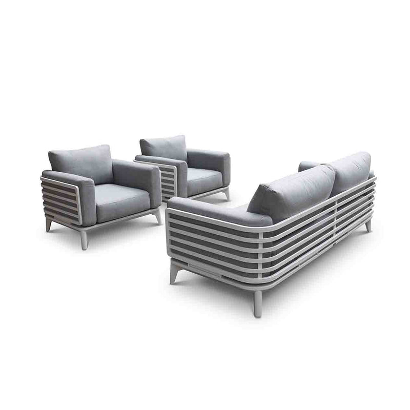 Alora range outdoor furniture set including a 1-seater, 5-seater outdoor lounge, and aluminium outdoor furniture, all designed to withstand the Aussie sun.