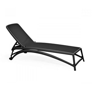 Black resin 'Nardi' sun lounger with textiline seat & backrest displayed on a plain white background, viewed from a side angle.