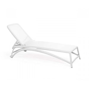 White resin 'Nardi' sun lounger with textiline seat & backrest displayed on a plain white background, viewed from a side angle.