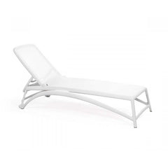 White resin 'Nardi' sun lounger with textiline seat & backrest displayed on a plain white background, viewed from a side angle.