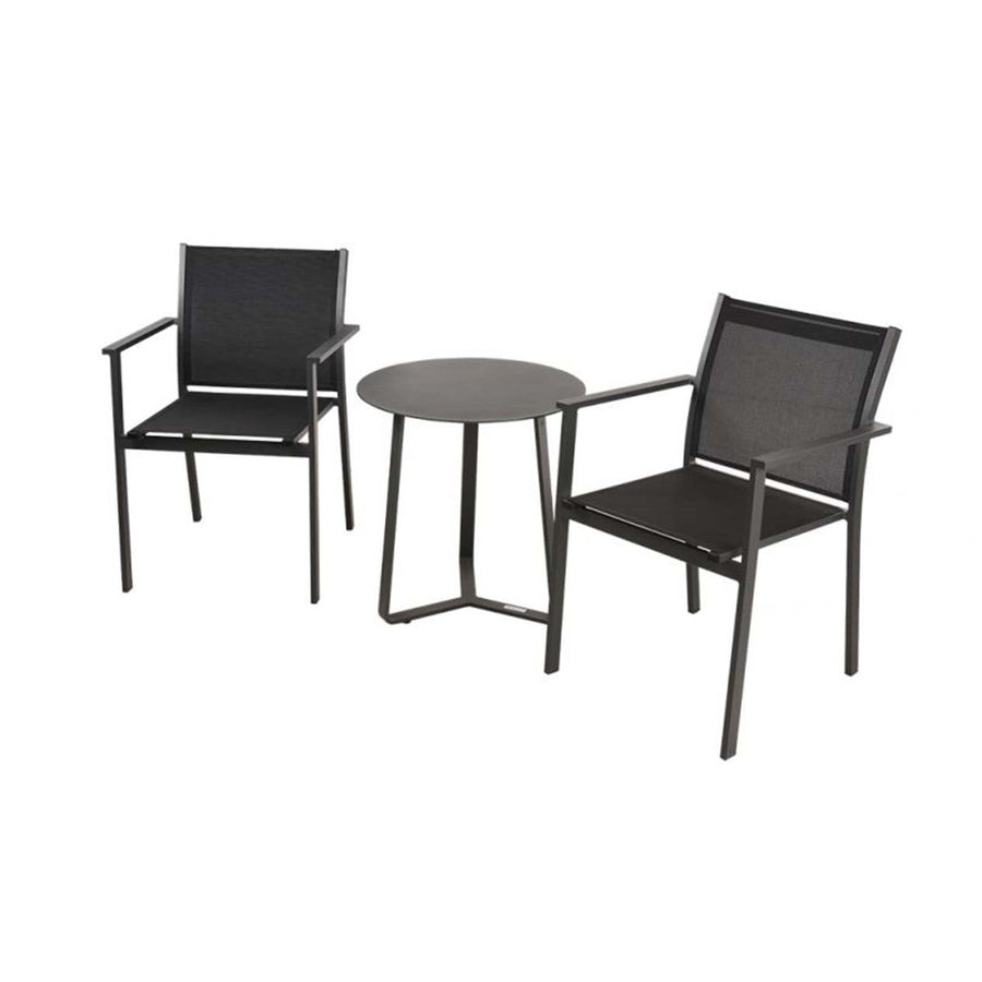 A balcony furniture set including our black, round Apollo aluminium outdoor table & 2 black April aluminium patio chairs, perfect for relaxing balcony setups, displayed on a plain white background, viewed from a front angle.