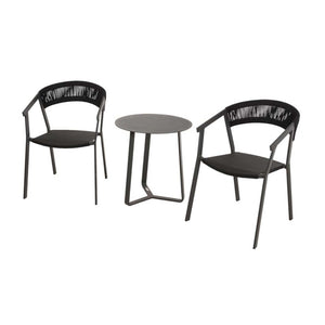 A balcony furniture set including one of our black, round Apollo aluminium side tables & 2 black Auto rope outdoor chairs, perfect for relaxing balcony setups, displayed on a plain white background, viewed from a front angle.