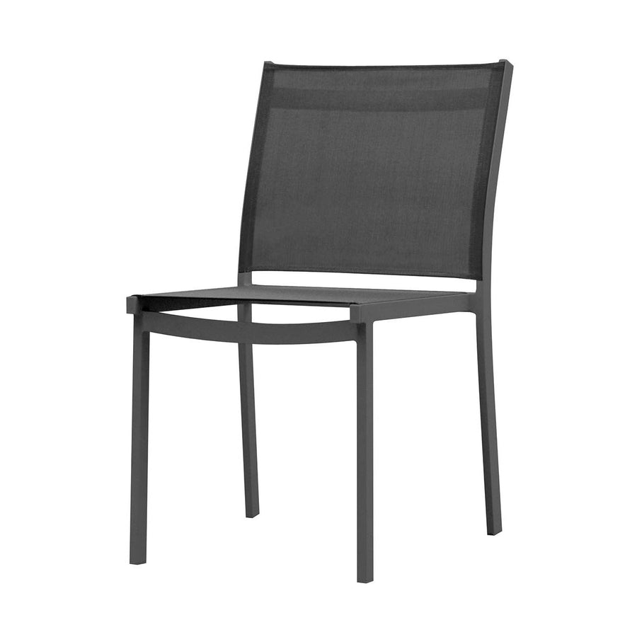Outdoor furniture, outdoor chairs, aluminium outdoor furniture: An aluminium armless dining chair with charcoal frame and fabric set against a white background.