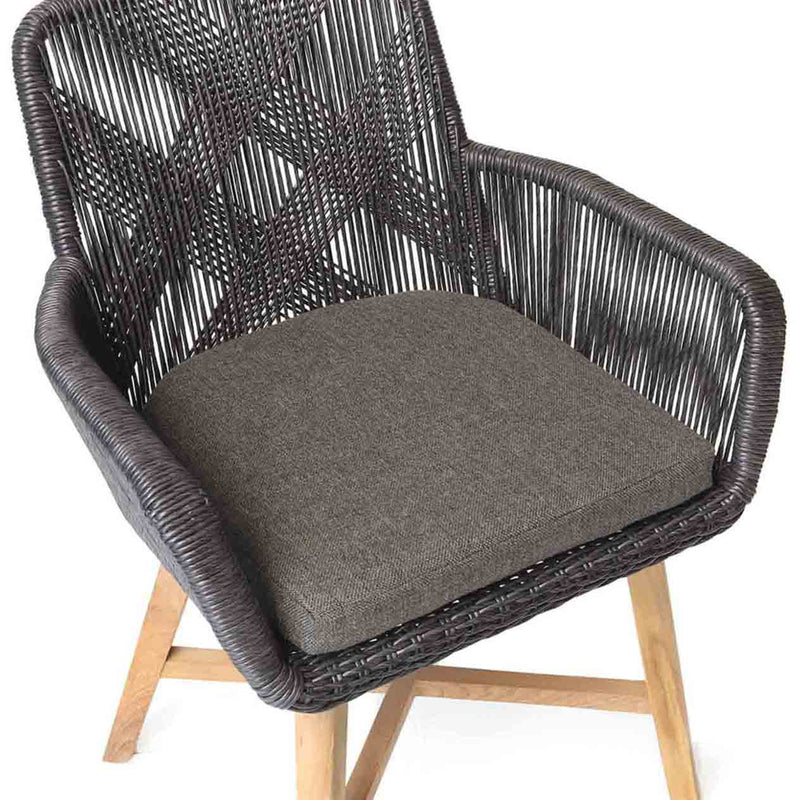 Outdoor furniture, outdoor dining furniture, wicker chair: A wicker dining chair with natural frame, charcoal fabric and charcoal chair wicker set against a white background.