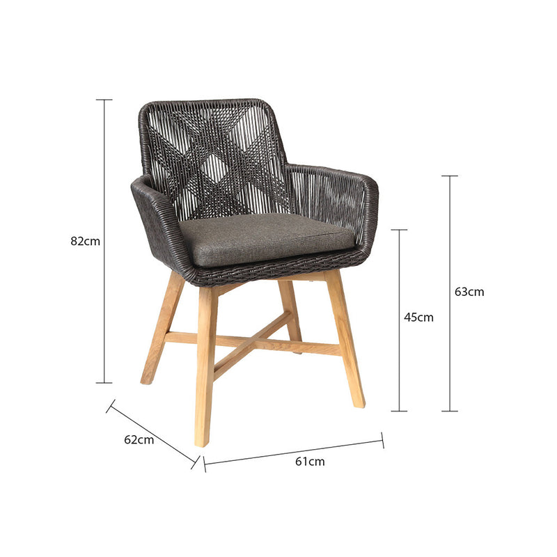 Outdoor furniture, outdoor dining furniture, wicker chair: A wicker dining chair with natural frame, charcoal fabric and charcoal chair wicker set against a white background.