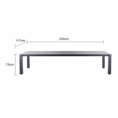 A modern rectangular aluminium outdoor dining table with a sleek black surface and minimalist design, set against a plain white background. The table's measurements are displayed at 330cm long, 117 cm wide, and 75 cm tall.