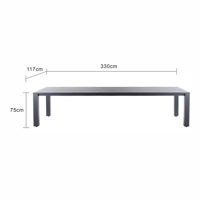 A modern rectangular aluminium outdoor dining table with a sleek black surface and minimalist design, set against a plain white background. The table&