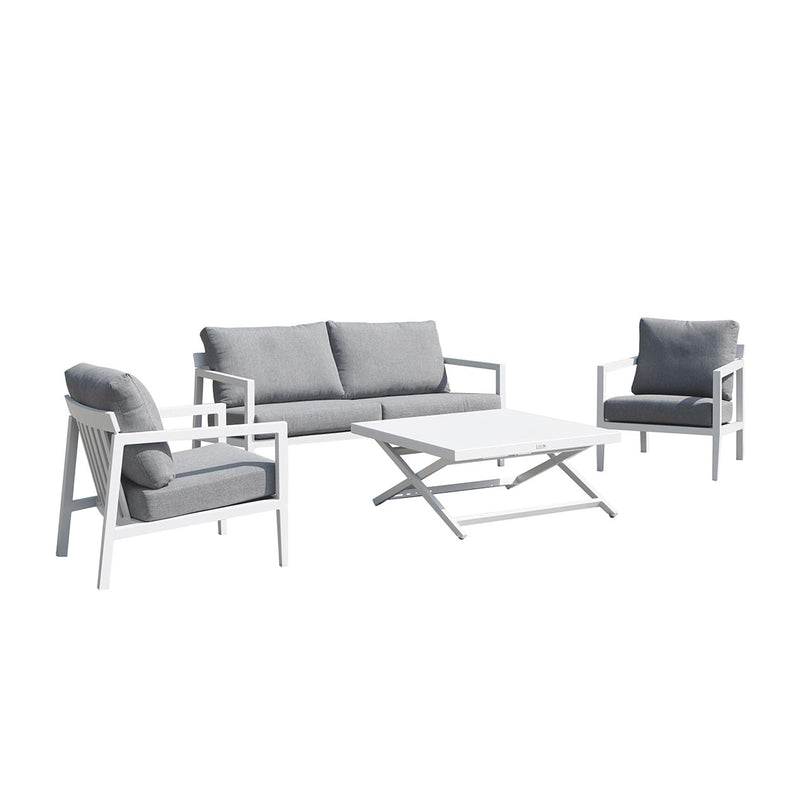 Bradford aluminum outdoor furniture set featuring a sleek outdoor lounge chair, sofa, and coffee table in charcoal or white, perfect for modern outdoor spaces.