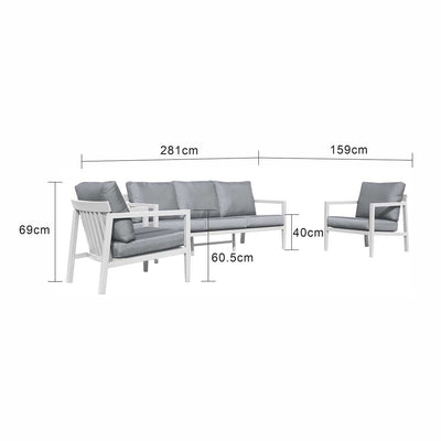 Bradford aluminum outdoor furniture set, featuring a sleek outdoor lounge chair and sofa in charcoal and white, designed for modern spaces.