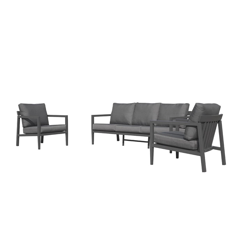 Bradford aluminum outdoor furniture set in charcoal and white, featuring a 4-seater, 5-seater lounge, and 6-seater modular outdoor lounge chair options, perfect for Australia&