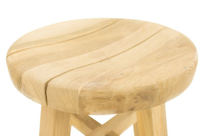 A close-up of the recycled teak top on the 'Cara' wooden outdoor stool, one of Remarkable Outdoor Living's wooden pieces of outdoor furniture.