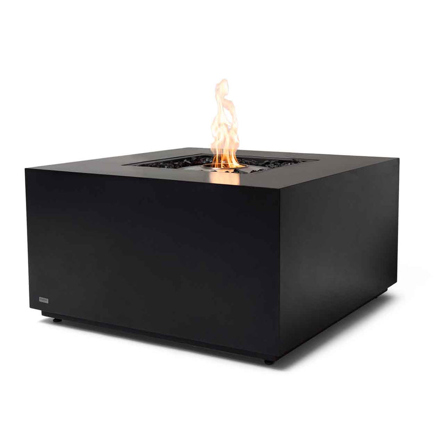 Black square firepit set against a plain white background, ideal for pairing with outdoor furniture in any space.