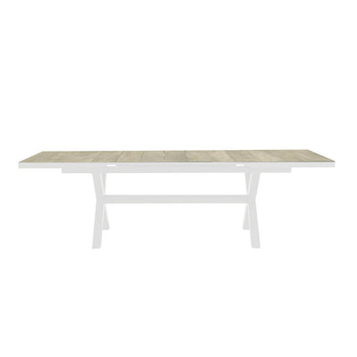 White 201/261 cm extendable ceramic outdoor dining table from the 'Clifton' range, ideal for alfresco furniture setups, displayed on a plain white background, viewed from the front.