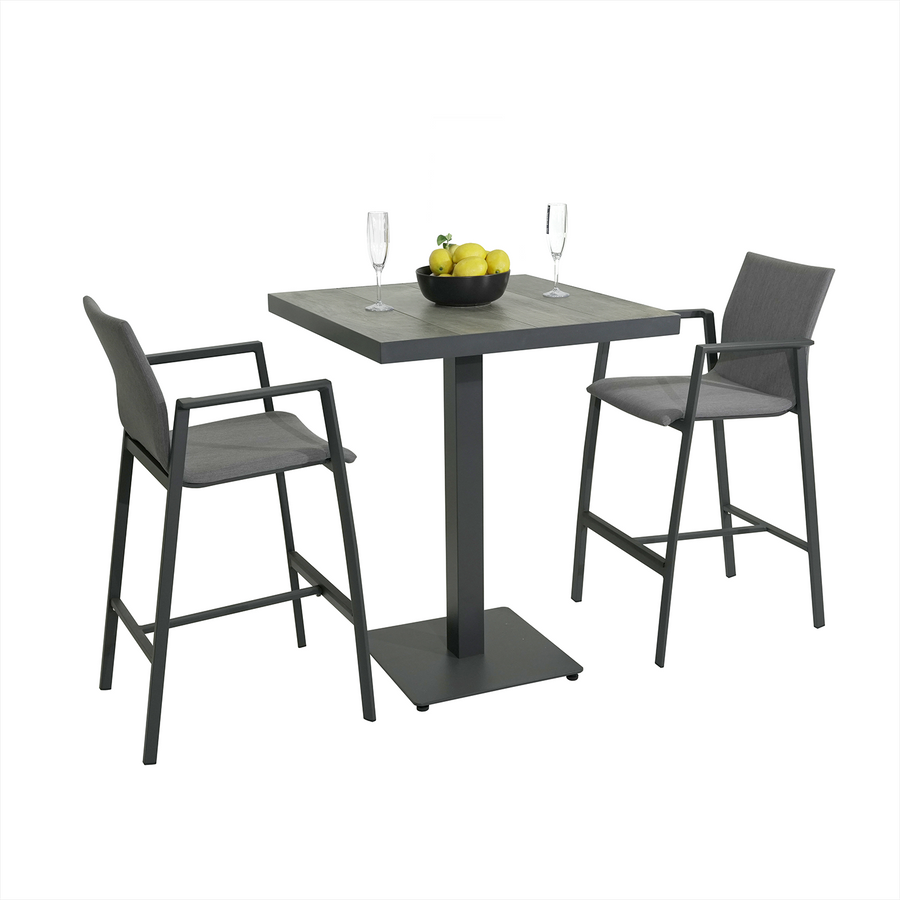 Clifton Table Charcoal Frame with Wood Look Top Territory Stool Outdoor Bar Setting