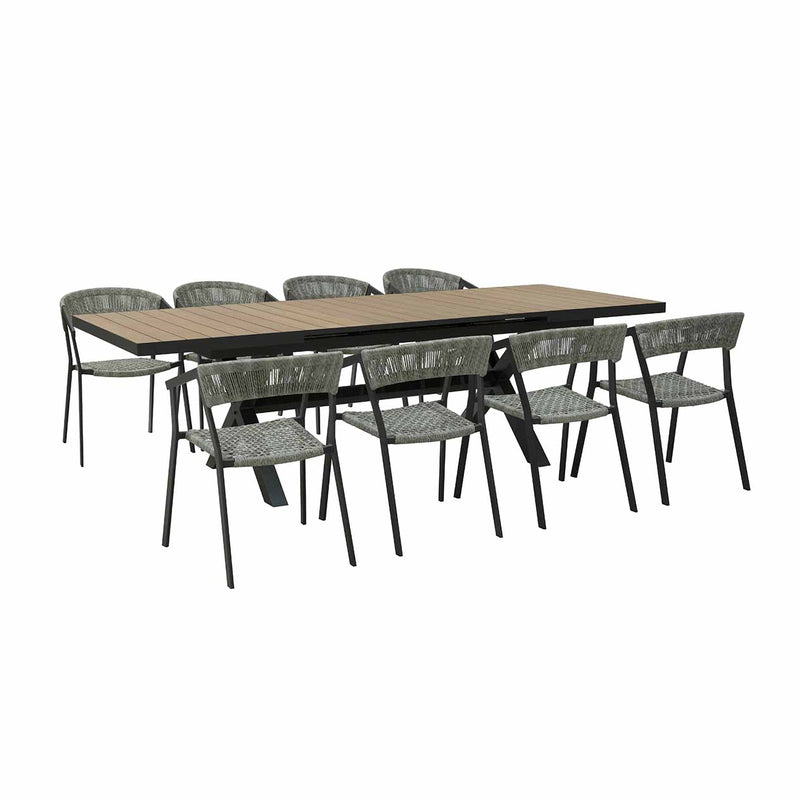 An outdoor dining set including our brown, rectangular Clifton ceramic outdoor table & 8 white Auto wicker outdoor chairs, perfect for alfresco furniture setups, displayed on a plain white background, viewed from a front angle.