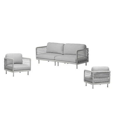 Outdoor furniture: A rope 4 seater lounge with light grey frame and cushions set against a white background.