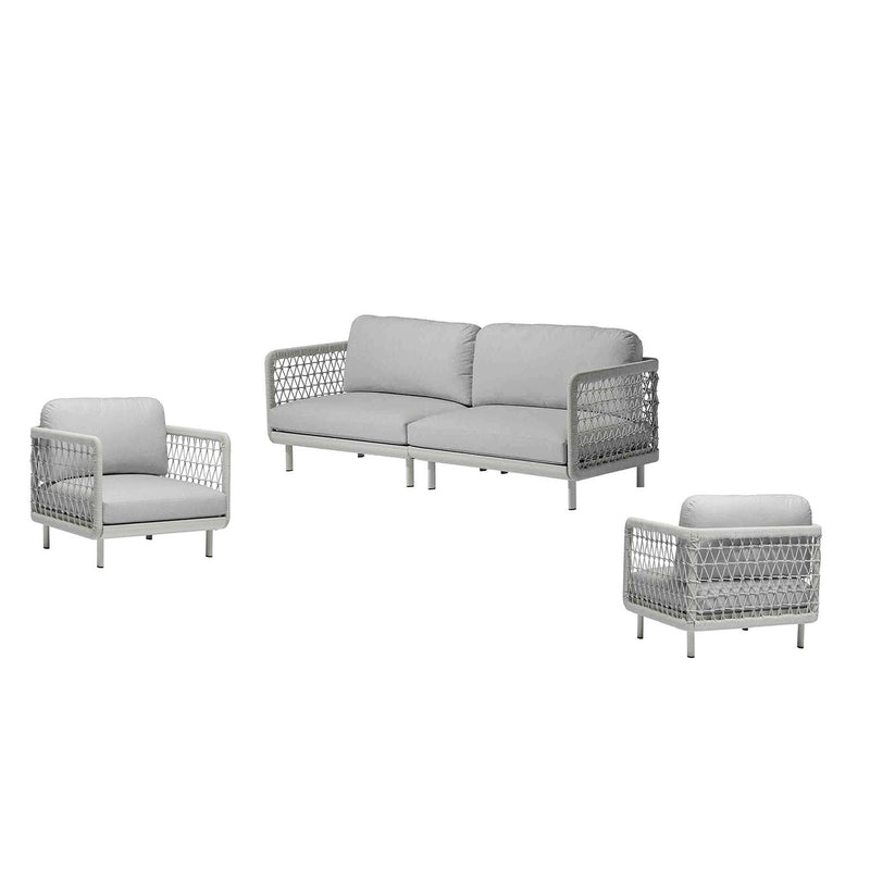 Outdoor furniture: A rope 4 seater lounge with light grey frame and cushions set against a white background.