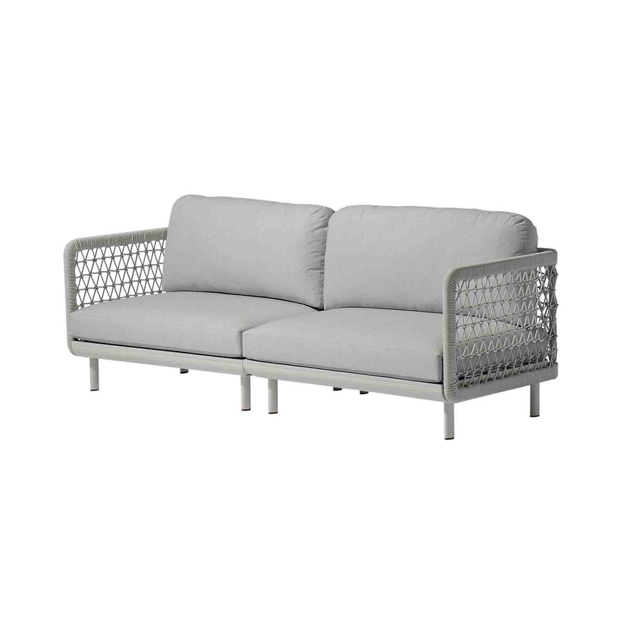 Outdoor furniture: A rope 2 seater lounge with light grey frame and cushions set against a white background.