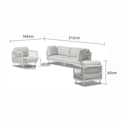 Outdoor furniture: A rope 4 seater lounge with light grey frame and cushions set against a white background.