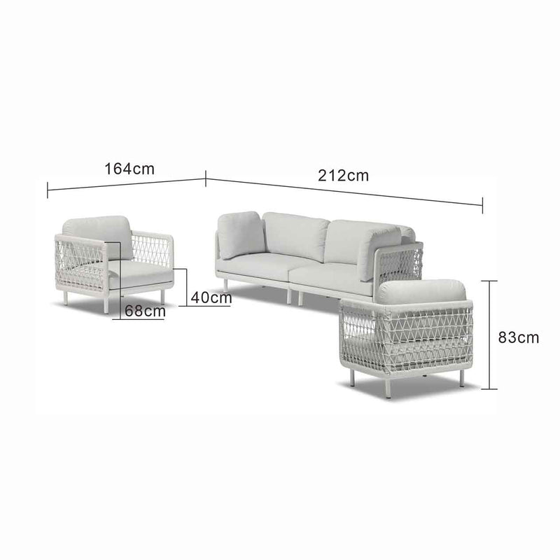 Outdoor furniture: A rope 4 seater lounge with light grey frame and cushions set against a white background.