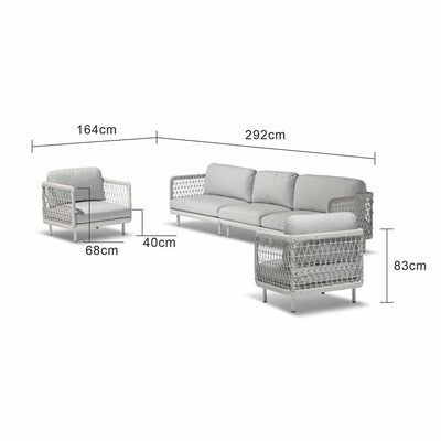 Outdoor furniture: A rope 5 seater lounge with light grey frame and fabric set against a white background, outdoor lounge chair.