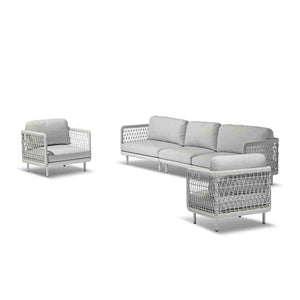 Outdoor furniture: A rope 5 seater lounge with light grey frame and fabric set against a white background, outdoor lounge chair.