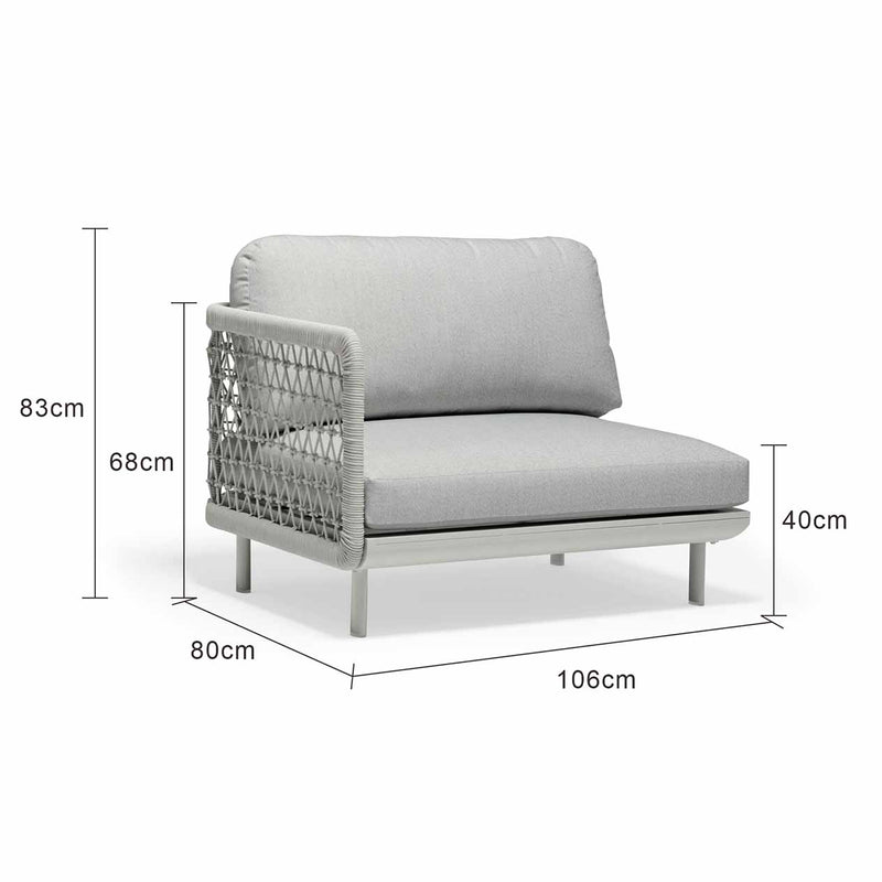Outdoor furniture from the Colwood Collection featuring a white rope chair with a light grey cushion, ideal as an outdoor lounge chair. Measurements included.