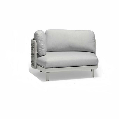 Outdoor furniture: A rope corner lounge with right arm, light grey frame and fabric, perfect for outdoor relaxation.