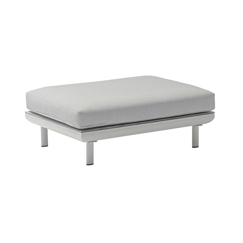 A sleek light grey ottoman with an aluminium frame set against a plain white background.