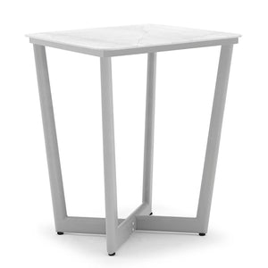 White 90 cm aluminium & ceramic 'Colwood' square outdoor bar table, perfect for alfresco furniture setups, displayed on a plain white background, viewed from a front angle.