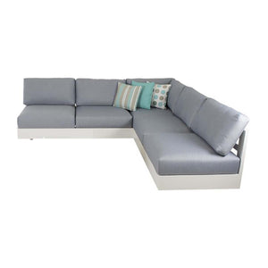 Charcoal and white Como sofa collection, a versatile outdoor balcony furniture, made of durable aluminum outdoor furniture. A white and blue sectional couch with pillows.