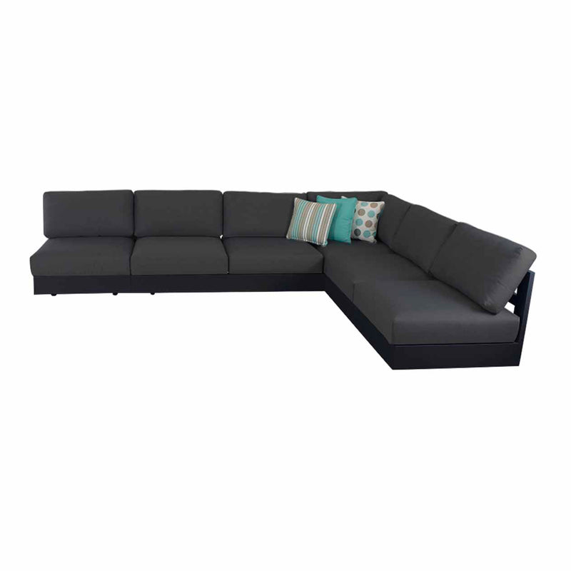 Charcoal and white Como outdoor furniture collection, featuring a black sectional couch with pillows, perfect as outdoor balcony furniture. Durable aluminum outdoor furniture with a 5-year warranty.