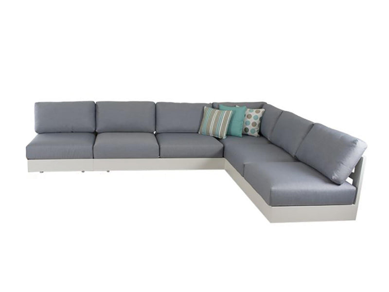 Charcoal and white Como sofa collection, a versatile outdoor balcony furniture, part of aluminum outdoor furniture range. Current image: A couch with pillows on top of it.