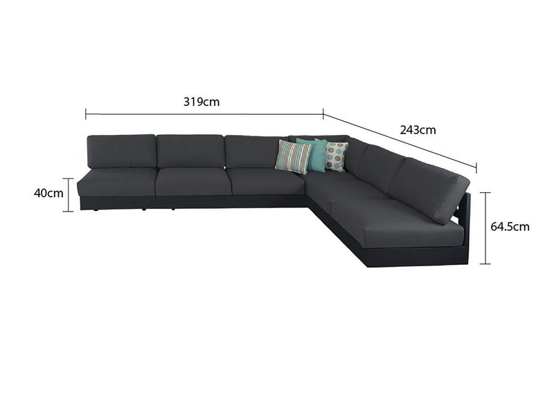 Charcoal and white Como sofa collection, a versatile outdoor balcony furniture, part of aluminum outdoor furniture range. Image shows a sectional couch with pillows.