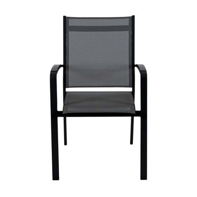 Black Cosmo outdoor dining furniture chair with gray seat, part of aluminium outdoor furniture collection.