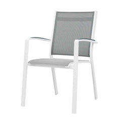 Outdoor furniture: An aluminium dining chair with cast aluminium arm with white frame and silver black textilene set against a white background. Outdoor chairs, rope chair.