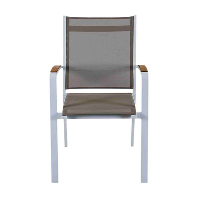 Outdoor furniture: An aluminium dining chair with teak arm, white frame, and khaki textilene set against a white background.