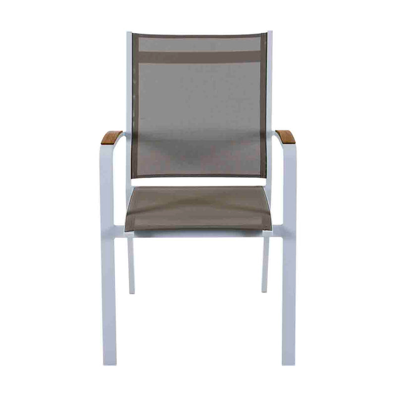 Outdoor furniture: An aluminium dining chair with teak arm, white frame, and khaki textilene set against a white background.