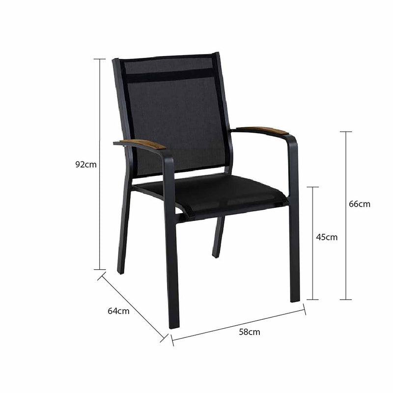 Black aluminium outdoor chair with wooden arm and seat, part of Cosmo outdoor dining furniture collection.