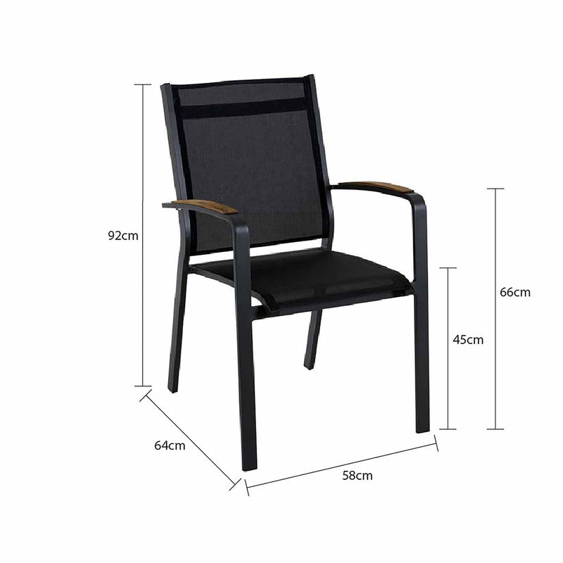 Outdoor furniture: An aluminium dining chair with teak arm, charcoal frame, and charcoal Textilene; outdoor chairs.