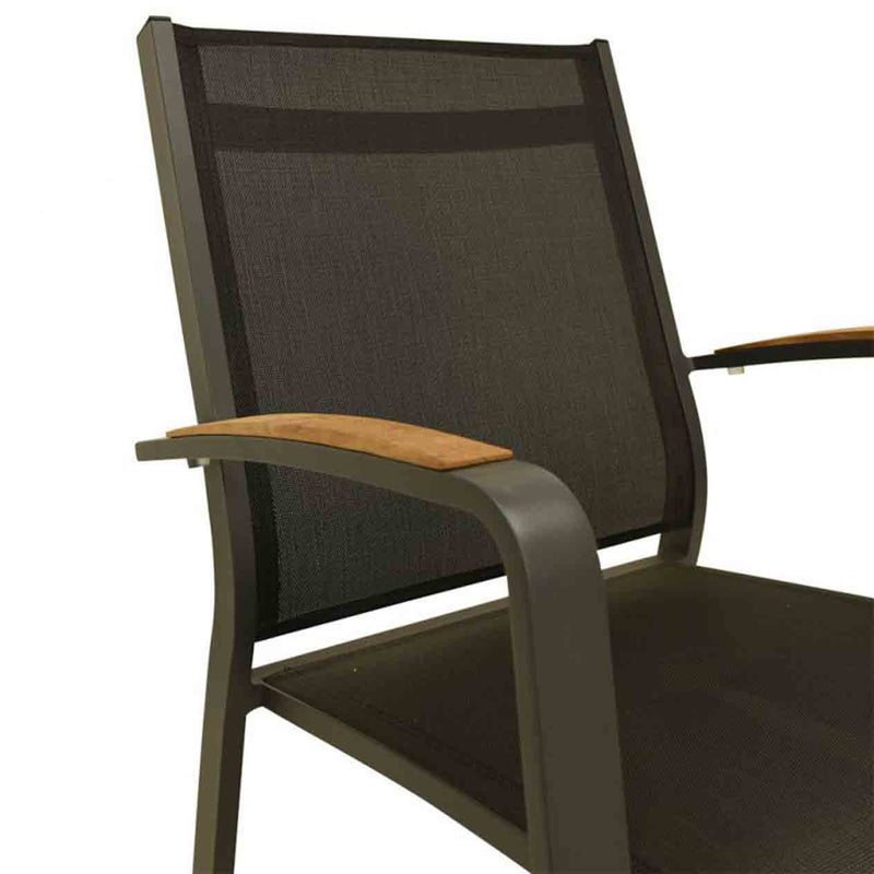 Outdoor furniture: An aluminium dining chair with teak arm, charcoal frame, and charcoal Textilene; outdoor chairs.