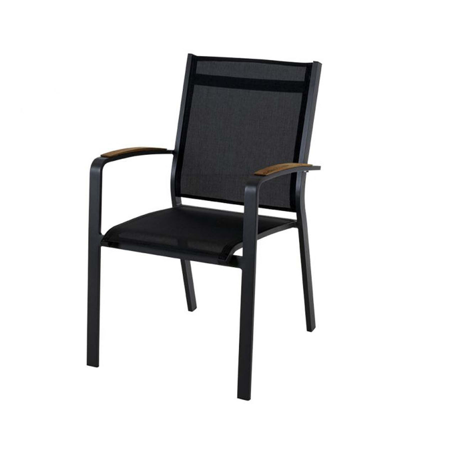 Outdoor furniture: An aluminium dining chair with teak arm, charcoal frame, and charcoal Textilene; outdoor chairs.