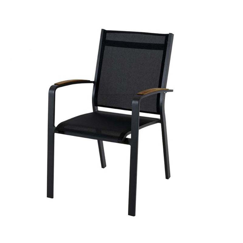 Black Cosmo outdoor dining chair, part of aluminium outdoor furniture set with teak and ceramic tables, on a white background.