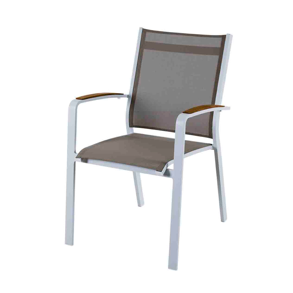 Outdoor furniture: An aluminium dining chair with teak arm, white frame, and khaki textilene set against a white background.