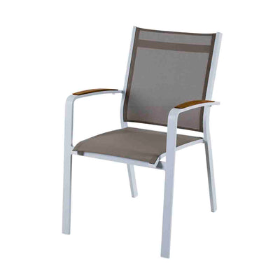 White and grey aluminium outdoor chairs with brown seat, part of Cosmo outdoor dining furniture collection.