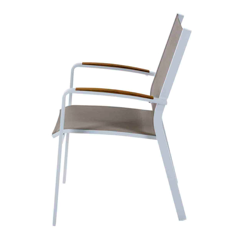 Outdoor furniture: An aluminium dining chair with teak arm, white frame, and khaki textilene set against a white background.