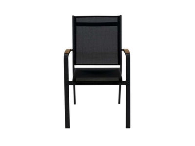 Black Cosmo outdoor dining chair, part of aluminium outdoor furniture set with teak and ceramic tables, on a white background.