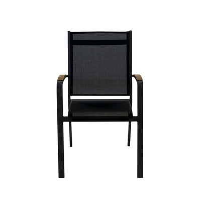 Black Cosmo outdoor dining chair, part of aluminium outdoor furniture set with teak and ceramic tables, on a white background.