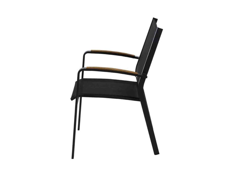 Black aluminium outdoor chair with wooden armrest, part of Cosmo outdoor dining furniture collection.