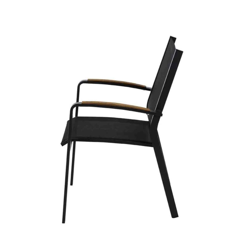 Outdoor furniture: An aluminium dining chair with teak arm, charcoal frame, and charcoal Textilene; outdoor chairs.